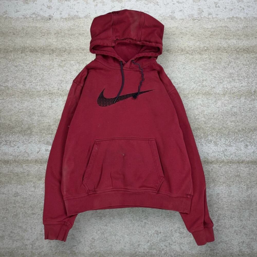 Vintage Y2K Nike Hoodie Mens M Red Black Swoosh Cotton Pullover